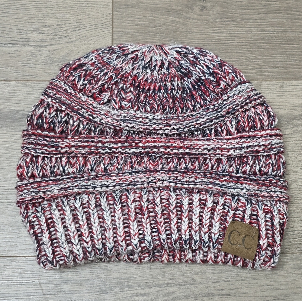 CC Beanie Stocking Hat Red Black Metallic Silver EUC Winter Preppy Outdoor